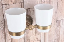 Wall Mounted Bathroom Antique Brass Toothbrush Holder  Two Ceramic Cups 2ba224