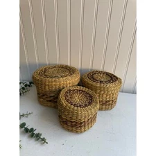 Set of 3 Stackable Woven Baskets with Lids | Small Storage | Bathroom Decor
