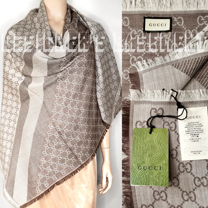 Foulard GUCCI laine/soie taupe et ivoire GGWEB monogramme 55