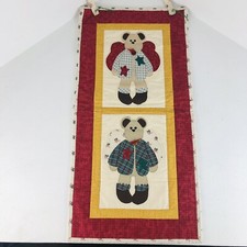 VTG Angel Christmas Bear Quilted Wall Hanging Handmade 27x13 Farmhouse