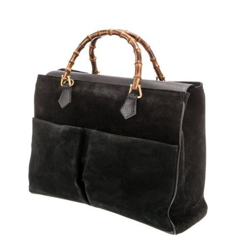 Vintage GUCCI Diana Pocket Front Suede Bamboo Top Tote Bag 14.75"x10.5" XL Old