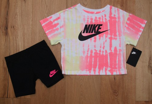 Nike Girl 2 Piece Crop Top u0026 Bike Shorts Set ~ White, Black, Neon Pink u0026  Yellow | eBay