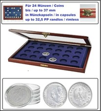SAFE-5867-Holzm&uuml;nzvitrinen-24-runde-F&auml;cher-38-mm-blaue-Velour-Einlage