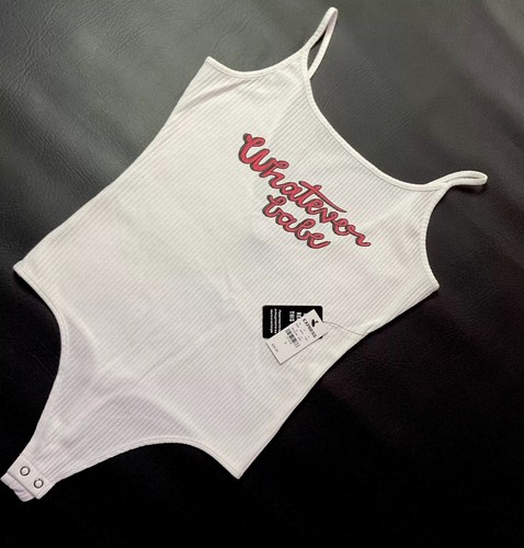 EXPRESS Ladies Body Contour White Bodysuit ‘Whatever babe’ Size Small NEW - Picture 3 of 6