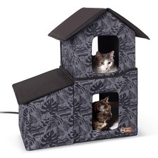 Two-Story Outdoor Kitty House with Dining Room Heated Gray Leaf 22 X 27 X 27 ...