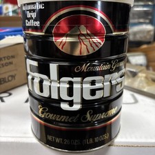 Vintage  1989 Folgers Gourmet Supreme Coffee 26oz Can Black  Gold Writing W/Lid.