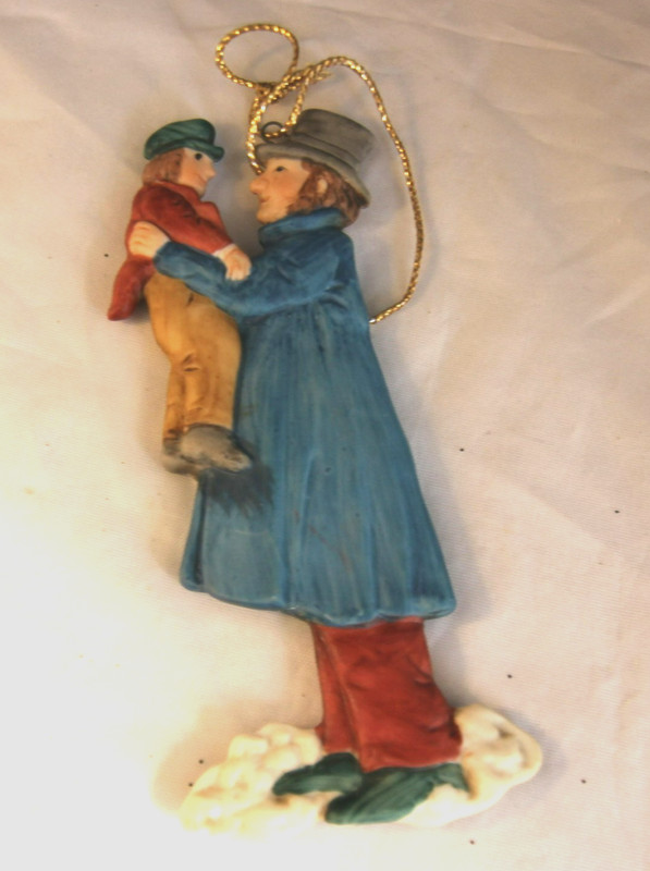 Dickens Bob Cratchit & Tiny Tim Porcelain Bisque  Ornament Hand Painted