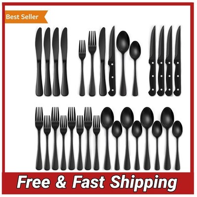 24pc Black Silverware Set with Steak Knives Stainless Steel Flatware Service for