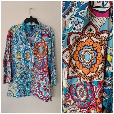 Ali Miles 2X Top Button Up NWT Blue Pink Kaleidoscope Collar plus size 