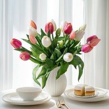 20PCS Fake Tulips Artificial Tulip Silk Flowers Fake PU Bouquet Artificial Fl...