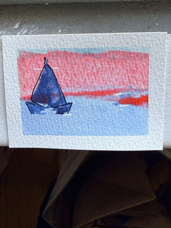 Original ACEO Art Card Sailboat ocean sunset landscape  watercolor painting