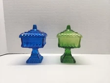 Vintage Jeanette Glass Pedestal Wedding Cake Box Lid Candy Dish Blue Green Pair