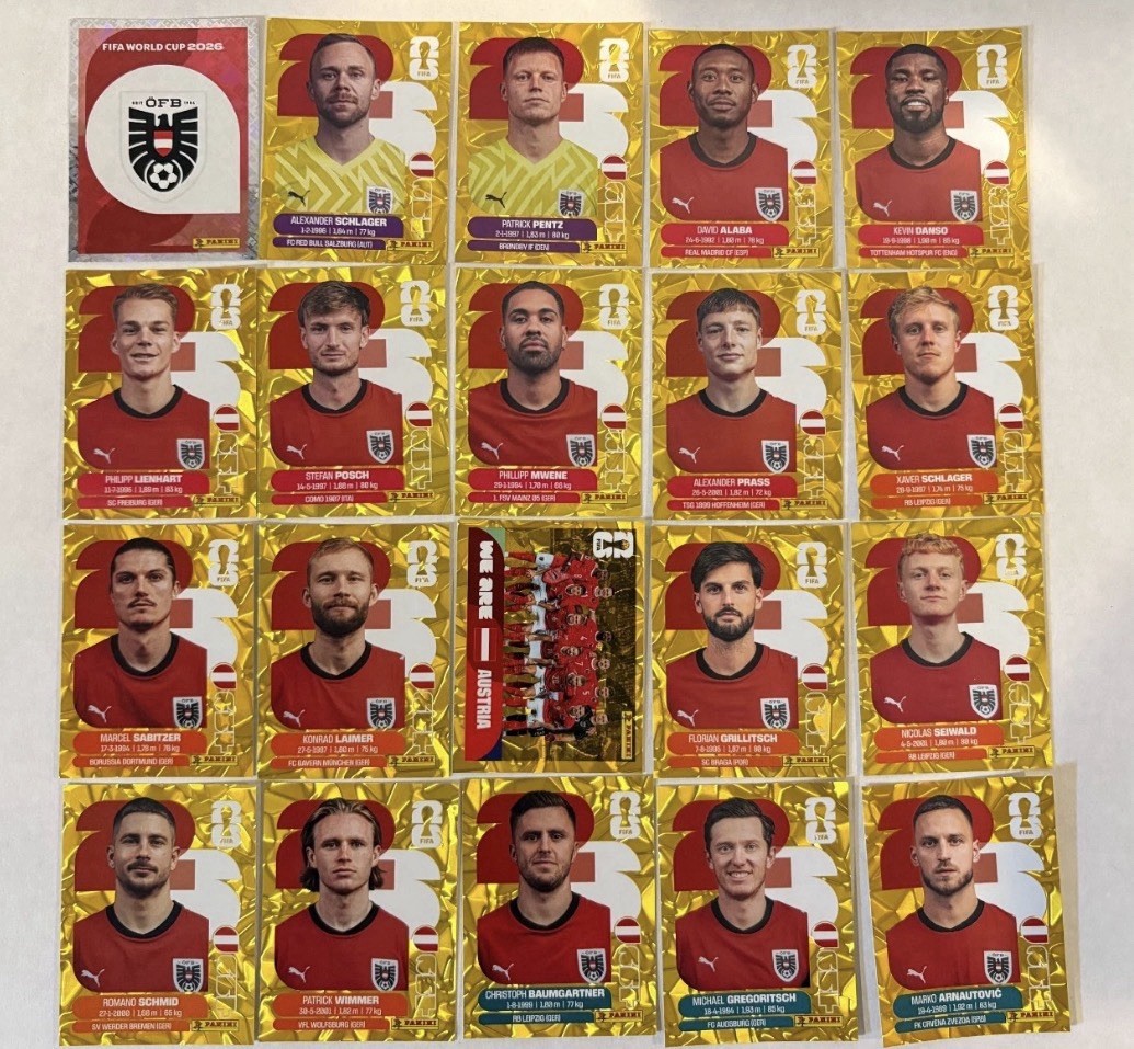 AUSTRIA Panini FIFA World Cup 2026 Gold Crumple Stickers - YOU PICK - A-Z