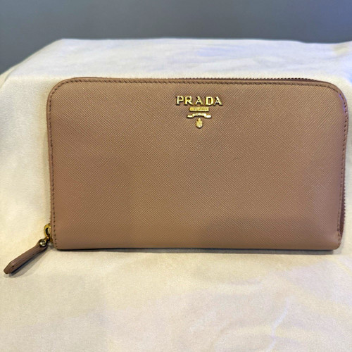 Authentic Prada Beige Zip-Around Wallet w/ Logo Zipper, Credit Card Slots