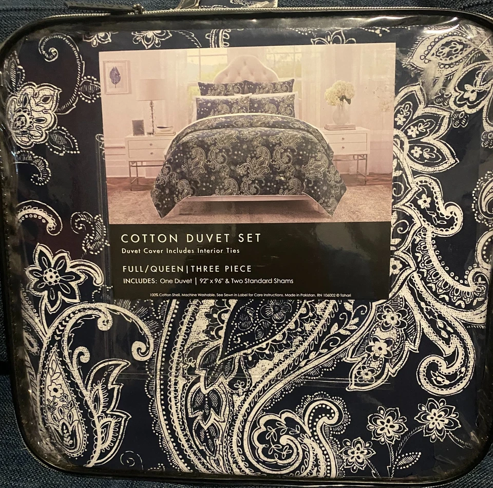 Tahari Home - Juego de edredón de algodón. Tres piezas completas/reinas. Cachemira azul/blanco. Nuevo Foto 2 de 2