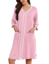 Zipper Robes for Women 3/4 Sleeves Lightweight House Coat Zip Up Bathrobe Sof...