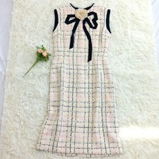 GUCCI Tweed Dress Chest 43cm Length 102cm Pink Black Ribbon Corsage