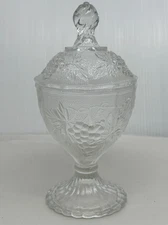 Vintage Clear Glass Pedestal Candy Dish with Lid Pebbled Grape and Leaf Design