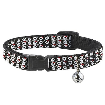 Cat Collar Breakaway with Bell Skull w/Bow Black/White/Red NARROW Fits 8.5-12''
