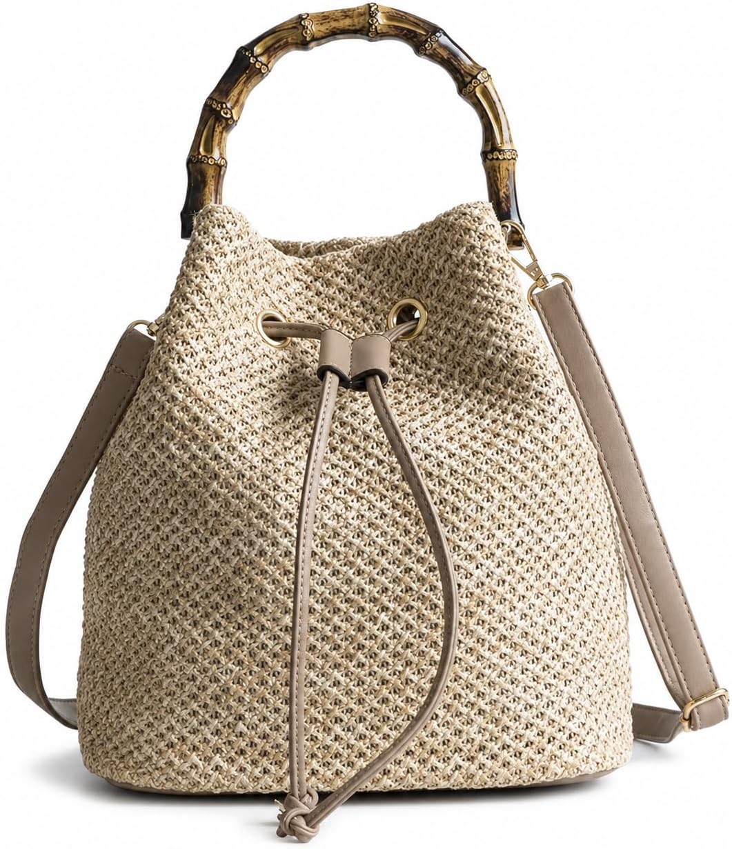 QZUnique Straw Bucket Bags for Women Top Handle Drawstring Woven Handbag...