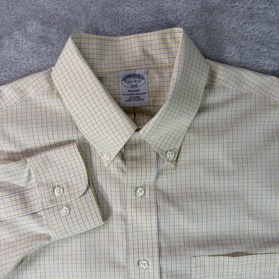 Brooks Brothers Dress Shirt 16.5 4/5 Regent Non Iron Yellow Blue Check Point