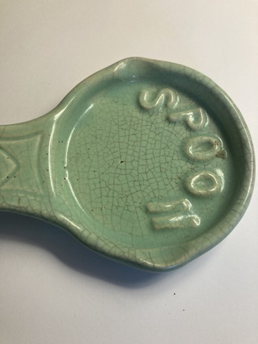 Vintage Morton Spoon Rest. Ceramic Teal Embossed Spoon Lettering. Used