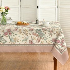 Floral Tablecloth Rectangular Pink Birds Vintage Washable 60x84in Party Picnic