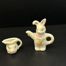 Collectible Ceramic Bisque Bunny Miniature Tea Pot And Creamer