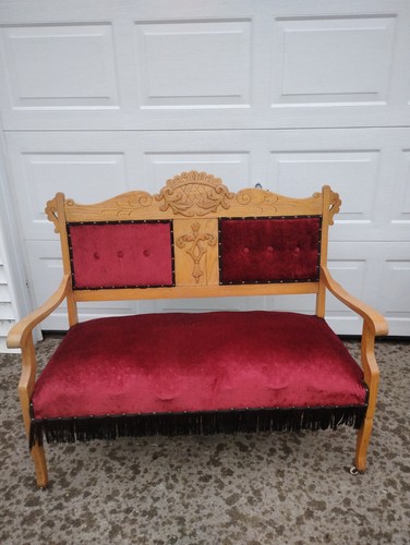 Victorian Antique Settee Red Velvet Upholstery Carved Light Wood With Backrest