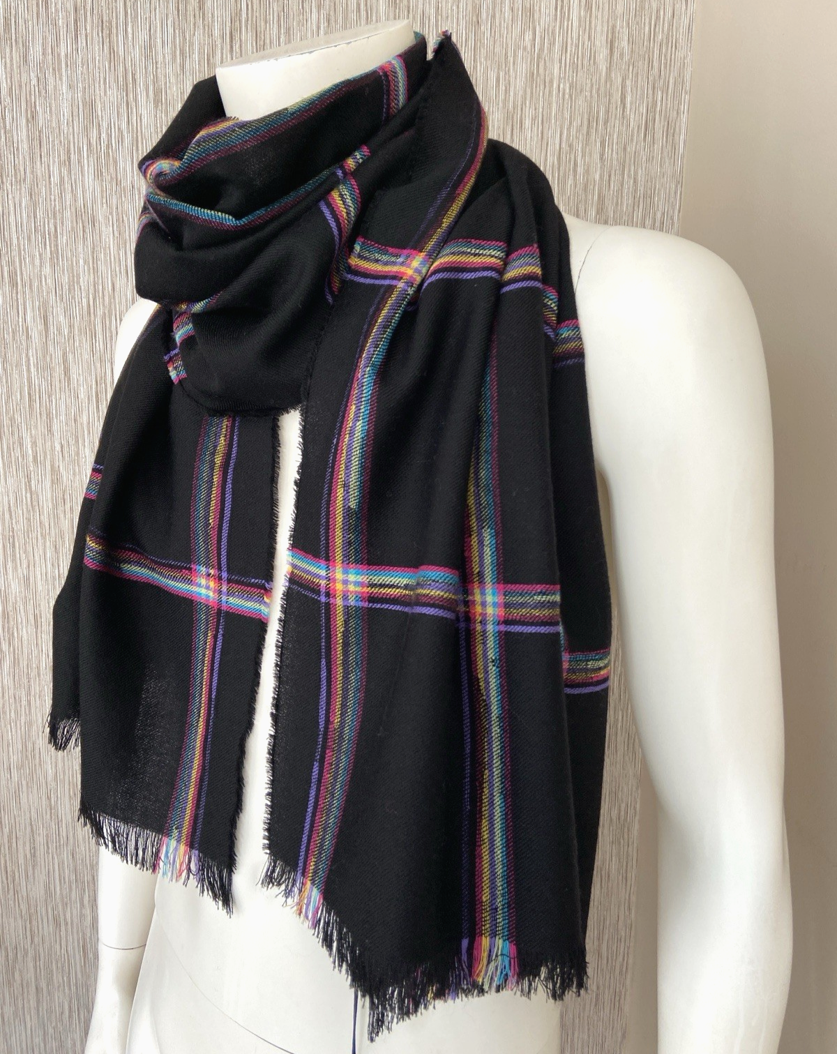 PAUL SMITH BLACK RAINBOW STRIPE CHECK SCARF MADE IN ENGLAND BNWT