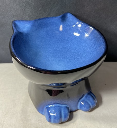 Blue Fade Ceramic Raised Cat Face Feeding Bowl/dish-LAST CHANCE