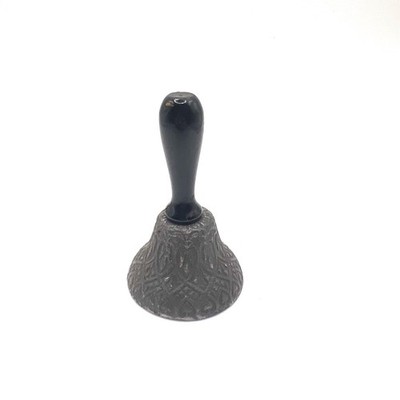 Vintage Cast Metal Hand Bell Ornate Lattice Basketweave Pattern Wood Handle Call