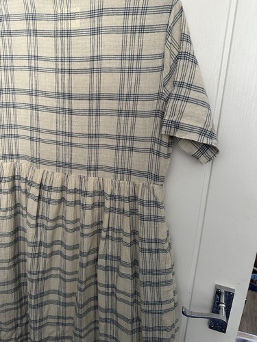 Folk Plaid Check Dress Size 2 UK 10 Blue Cream Linen Cotton blend Short Sleeve - Picture 14 of 15
