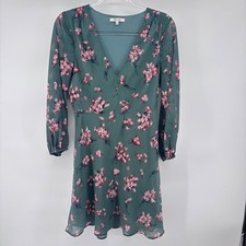 Madewell Floral Dress Womens Size 4 Green Pink Long Sleeve Mini V Neck