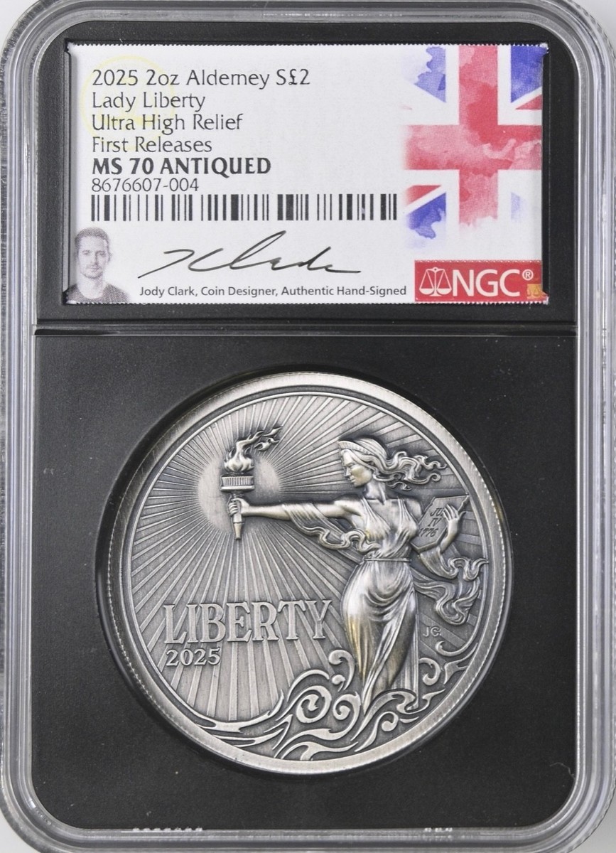 2025 Alderney UK £2 LADY LIBERTY 2 Oz Silver UHR NGC MS70 Antiqued