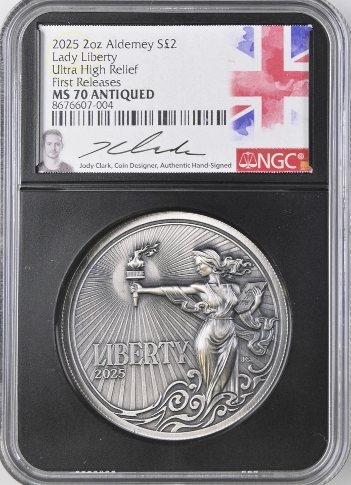 2025 Alderney UK £2 LADY LIBERTY 2 Oz Silver UHR NGC MS70 Antiqued FR - CLARK - Image 2 of 4