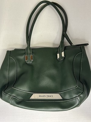 Women s Ellen Tracy Faux Leather Shoulder Tote Handbag Green Double Handle 