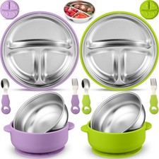 8 Pcs Stainless Steel Plates Bowls with Forks Spoons, Non Slip Divided Plates...