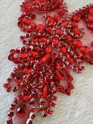 Handmade Orange Rhinestone & Bead Applique Patch - Lace Trim For Dresses & Neckline Embellishment - View #2