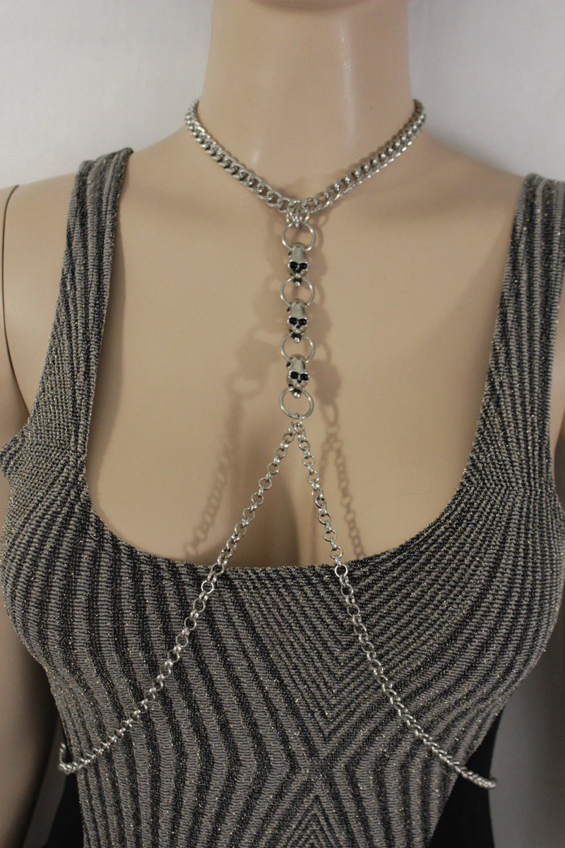 Women Silver Metal Body Chain Fashion Jewelry Harness Necklace Skeleton  Skulls