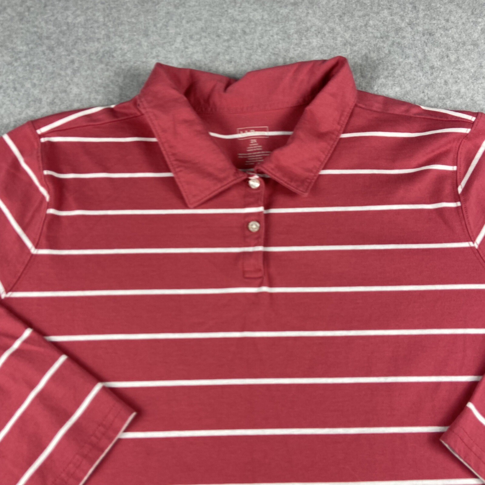 LL Bean Polo Shirt Womens 2X Pink White Striped 3/4 Sleeve Cotton