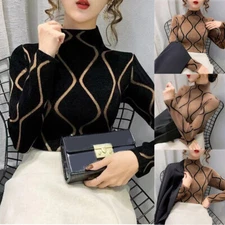 Women Velvet Padded Basic Pullover Warm Semi-high Collar T-Shirt Tees Tops Tunic