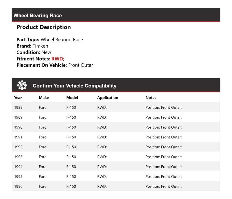 Подшипник колеса гоночный передний наружный для Ford F-150 RWD 1988-1996 годов выпуска Timken 1989 1990 - Изображение 2 из 4