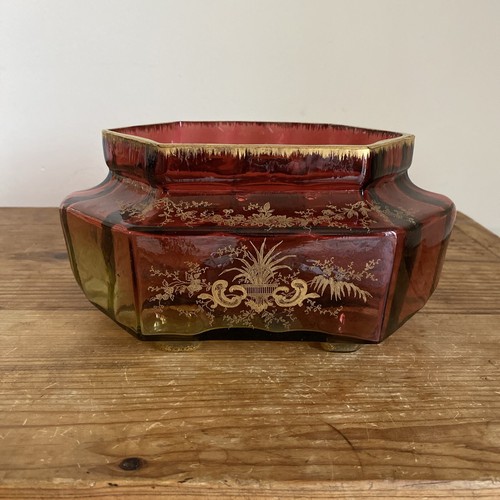 Antique Moser Rubina Verde Enameled Flowers Amberina Gilt Art Glass Footed Bowl - Picture 7 of 16
