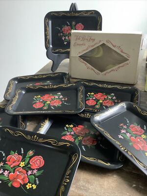 8 Vintage Small Tole Trays Black Rose Print Ensemble Unused Trinket Tray W/ Box