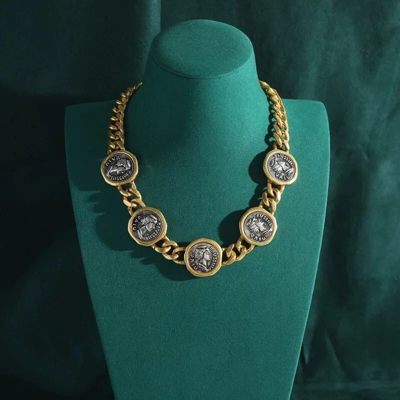 "Collar medallón moneda oro - Gargantilla cadena gruesa de 16,5"" joyería estilo romano" Foto 2 de 4