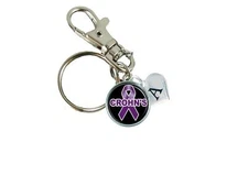 Custom Crohn's Disease Awareness Purple Ribbon Silver Key Chain Initial Family