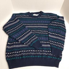 Men's VTG Cape Isle Knitters Blue Geometric Stripe Cotton Dad Sweater USA 80's M