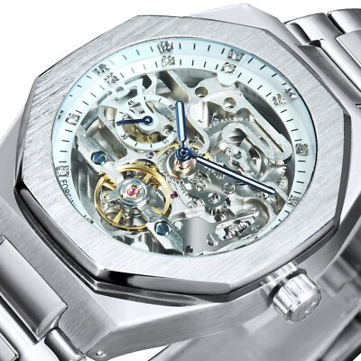 Luxury Automatic Mechanical Watch Stainless Steel Strap Skeleton Mens Wristwatch