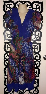 Beautiful Geometric Floral Print Silk Ruffle Wrap Dress Size Medium/8
